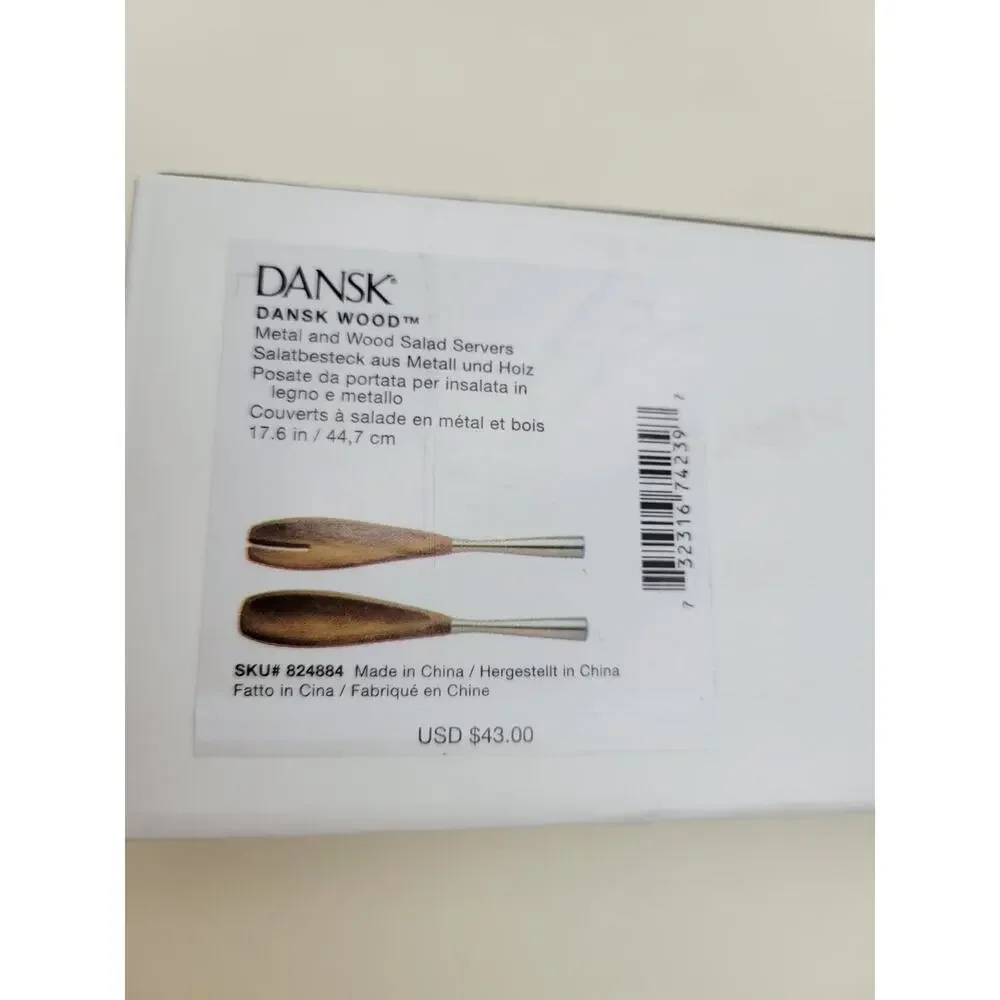Dansk Wood Salad Server Set of 2 Brown Silver Metal Open Box